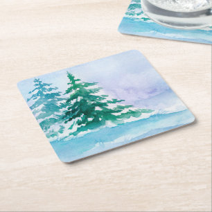 Aquareller Winter Pine Trees Wiederverwendbar Rechteckiger Pappuntersetzer
