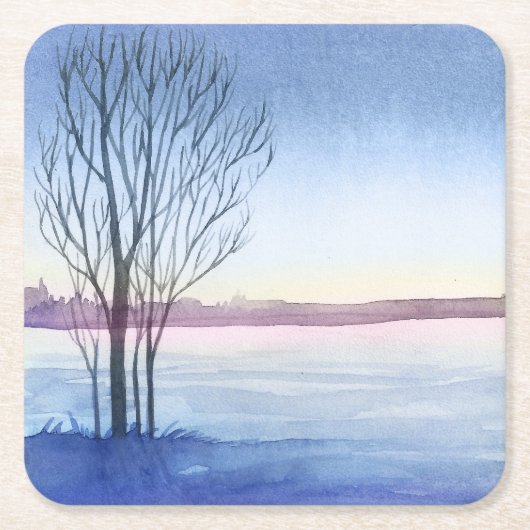 Aquareller Winterbaum Frozen See Wiederverwendbar Rechteckiger Pappuntersetzer (Vorderseite)
