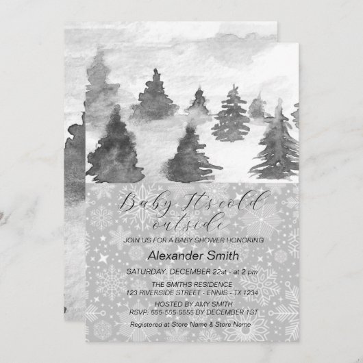 Aquareller Winterbaumwald Kinderdusche Einladung (Vorne/Hinten)