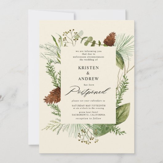 Aquareller Wintergrün verschoben Hochzeit Einladung (Vorderseite)