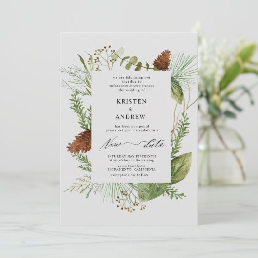 Aquareller Wintergrün verschoben Hochzeit Einladung (Stehend Vorderseite)