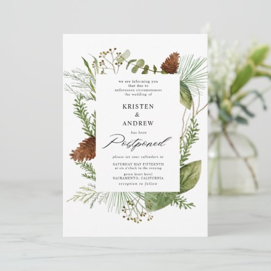 Aquareller Wintergrün verschoben Hochzeit Einladung (Stehend Vorderseite)