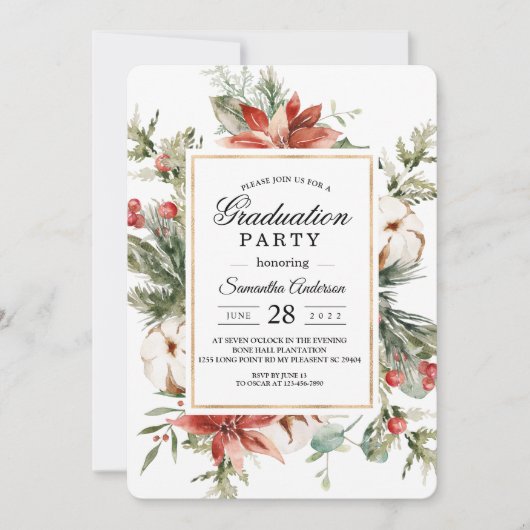 Aquareller Winterpoinsettia & Grüne Kiefernbäume Einladung (Vorderseite)