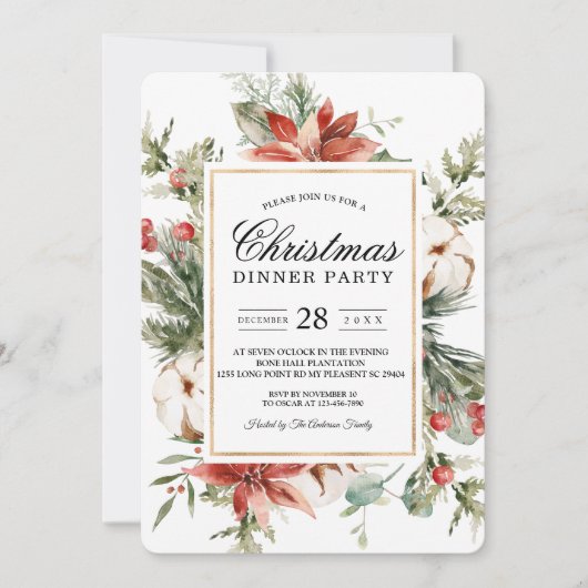 Aquareller Winterpoinsettia & Grüner Kiefernbaum I Einladung (Vorderseite)