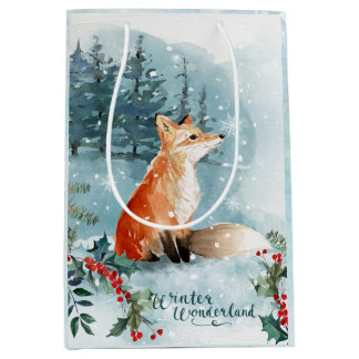 Aquareller Winterwaldlandschaft, Fuchs Weihnachten Mittlere Geschenktüte