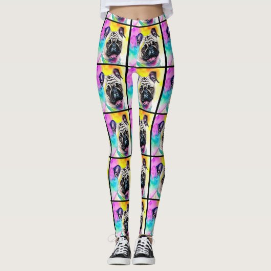 Aquarelles fröhliches Lächeln Mops welpen farbige  Leggings (Vorderseite)