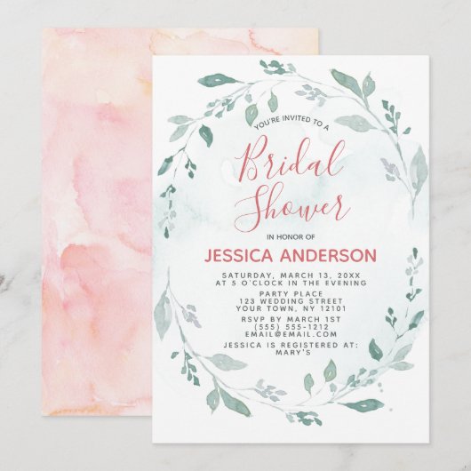 Aquarelles Grün und rosa Brautparty Einladung (Vorne/Hinten)