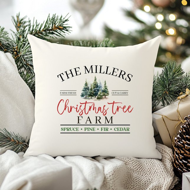Aquarellfamilie Name Weihnachtsbaumfarm Kissen (Watercolor Family Name Christmas Tree Farm Throw Pillow)