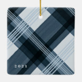 Aquarellfarbe Blau Kariert Pet Foto Weihnachten Keramikornament (Rückseite)