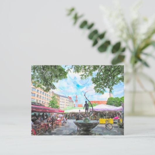 Aquarellfarbe des Münchner Viktualienmarkts. Postkarte (Stehend Vorderseite)
