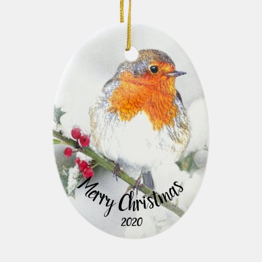 Aquarellfarbe Englisch Robin Frohe Weihnachten Keramik Ornament (Hinten)