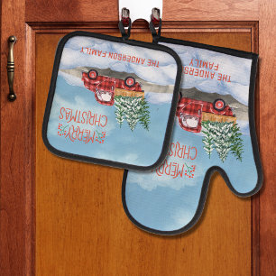 Aquarellfarbe Karierter roter LKW Schnee Frohe Wei Ofenhandschuh & Topflappen-Set