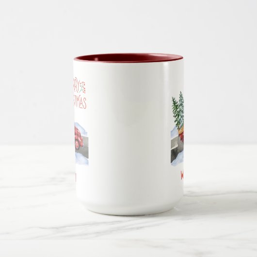 Aquarellfarbe Karierter roter LKW Schnee Frohe Wei Tasse (Zentrum)