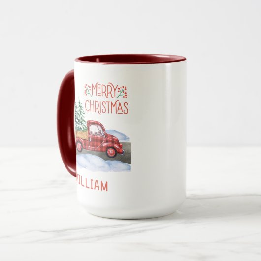 Aquarellfarbe Karierter roter LKW Schnee Frohe Wei Tasse (Vorderseite Links)