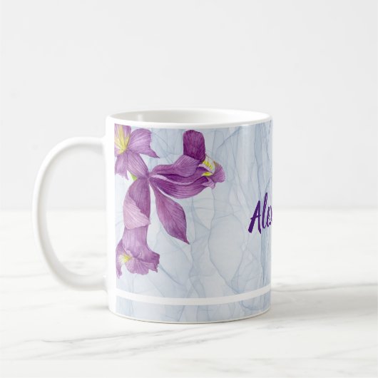 Aquarellfarbe Lila Iris Botanisches Organza Gewebe Kaffeetasse (Links)