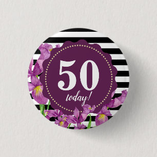 Aquarellfarbe Lila Iris Schwarz-weiße Streifen Button