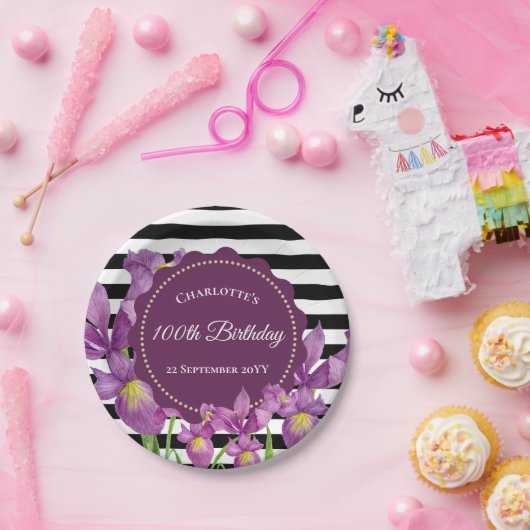 Aquarellfarbe Lila Iris Schwarz-weiße Streifen Pappteller (Party)