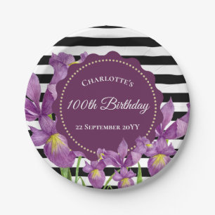 Aquarellfarbe Lila Iris Schwarz-weiße Streifen Pappteller
