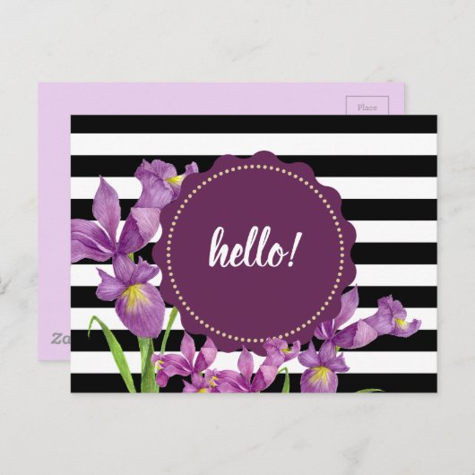 Aquarellfarbe Lila Iris Schwarz-weiße Streifen Postkarte (Vorne/Hinten)