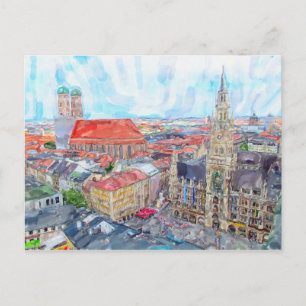 Aquarellfarbe München Marienplatz. Luftbild. Postkarte