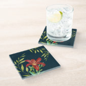 Aquarellfarbe Orange Lily Illustration Dunkelblau Glasuntersetzer (Schrägansicht)