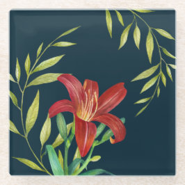 Aquarellfarbe Orange Lily Illustration Dunkelblau Glasuntersetzer