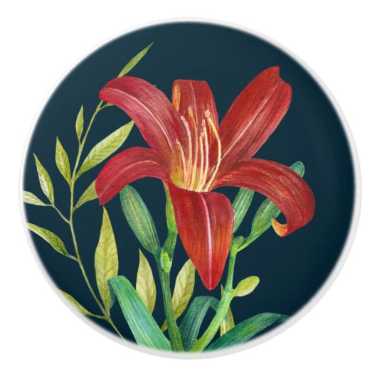 Aquarellfarbe Orange Lily Illustration Dunkelblau Keramikknauf (Vorderseite)