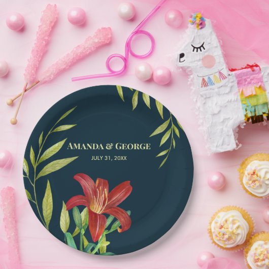 Aquarellfarbe Orange Lily Illustration Dunkeltürki Pappteller (Party)