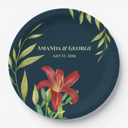 Aquarellfarbe Orange Lily Illustration Dunkeltürki Pappteller (Vorderseite)