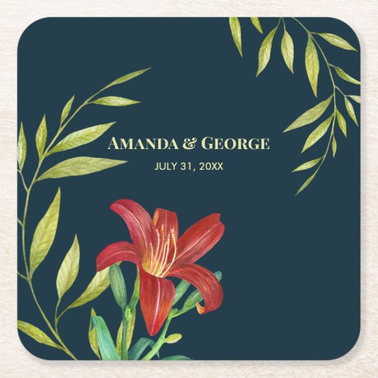 Aquarellfarbe Orange Lily Illustration Dunkeltürki Rechteckiger Pappuntersetzer (Vorderseite)