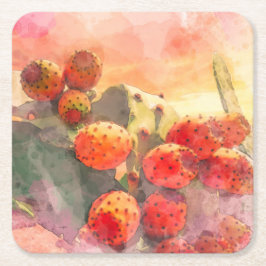 Aquarellfarbe Prickly Birne Kaktus Frucht Roter Hi Rechteckiger Pappuntersetzer