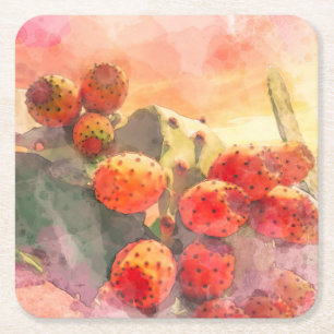 Aquarellfarbe Prickly Birne Kaktus Frucht Roter Hi Rechteckiger Pappuntersetzer