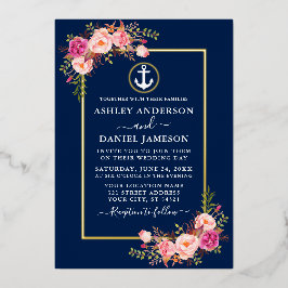 Aquarellfarbe Rosa bläsernaukaler Anker Blau Gold Folieneinladung