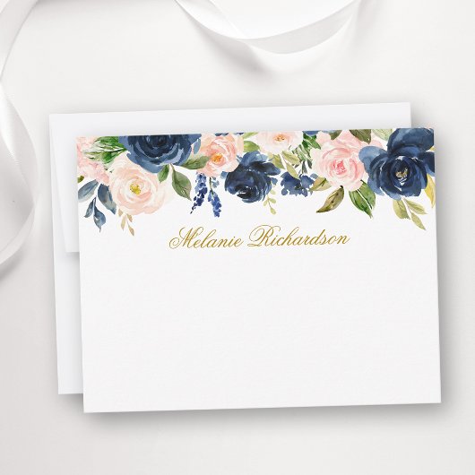 Aquarellfarbe Rosa Blau Blüten Personalisiert Gold Mitteilungskarte