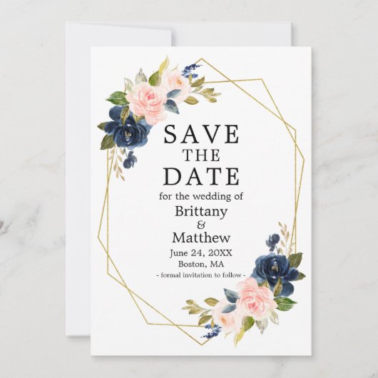 Aquarellfarbe Rosa Blau Rose Gold Georahmen Save The Date (Vorderseite)