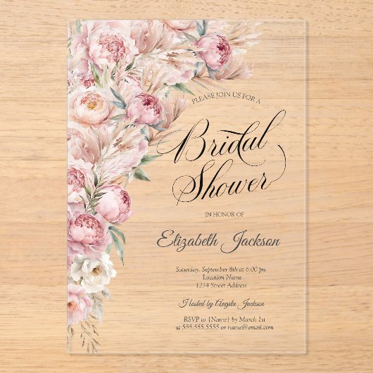 Aquarellfarbe Rosa Blume Brautparty Acryleinladungen (Vorderseite)