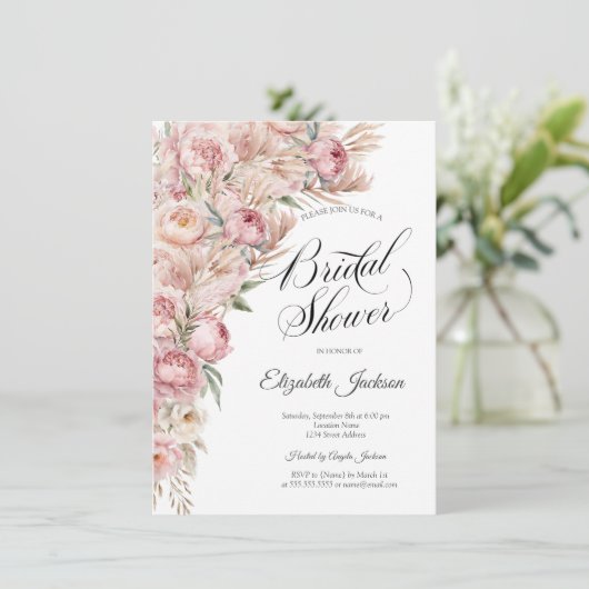 Aquarellfarbe Rosa Blume Brautparty Einladung (Stehend Vorderseite)