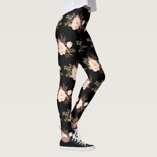 Aquarellfarbe Rosa Blume Schwarzes Muster Leggings (Rechts)
