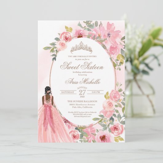 Aquarellfarbe Rosa Blume Sweet 16 Birthday Einladung (Stehend Vorderseite)