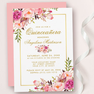Aquarellfarbe Rosa Blumenzwiebeln Gold Einladung