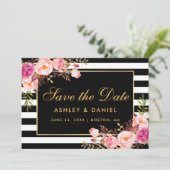 Aquarellfarbe Rosa Blütenblau Streifen Save The Date (Stehend Vorderseite)