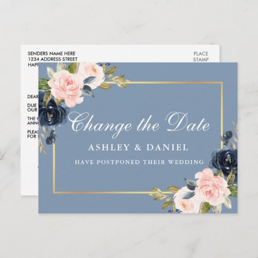 Aquarellfarbe Rosa Blütenblau verändert das Datum Postkarte (Vorne/Hinten)