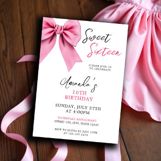 Aquarellfarbe Rosa Bow Chic Sweet 16 Geburtstag Einladung