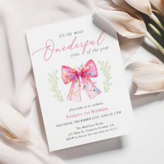 Aquarellfarbe Rosa Bow Weihnachten 1. Geburtstag Einladung