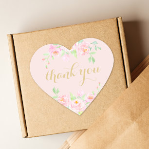Aquarellfarbe Rosa Floral Danke Blush Pink Herz-Aufkleber