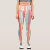 Aquarellfarbe Rosa Gelbe vertikale Streifen Capri Leggings (Vorderseite)