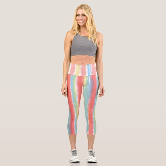 Aquarellfarbe Rosa Gelbe vertikale Streifen Capri Leggings (Vorderseite)
