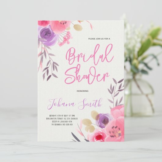 Aquarellfarbe Rosa Lila Brautparty Einladung (Stehend Vorderseite)