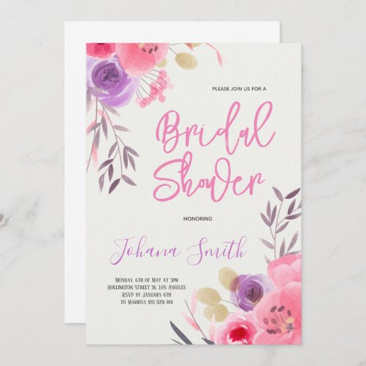 Aquarellfarbe Rosa Lila Brautparty Einladung (Vorne/Hinten)