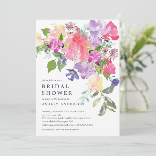 Aquarellfarbe Rosa Lila Brautparty Einladung (Stehend Vorderseite)